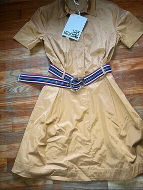 Love Moschino Tan Shirt Dress with Multicolor Striped Heart-Buckle Belt